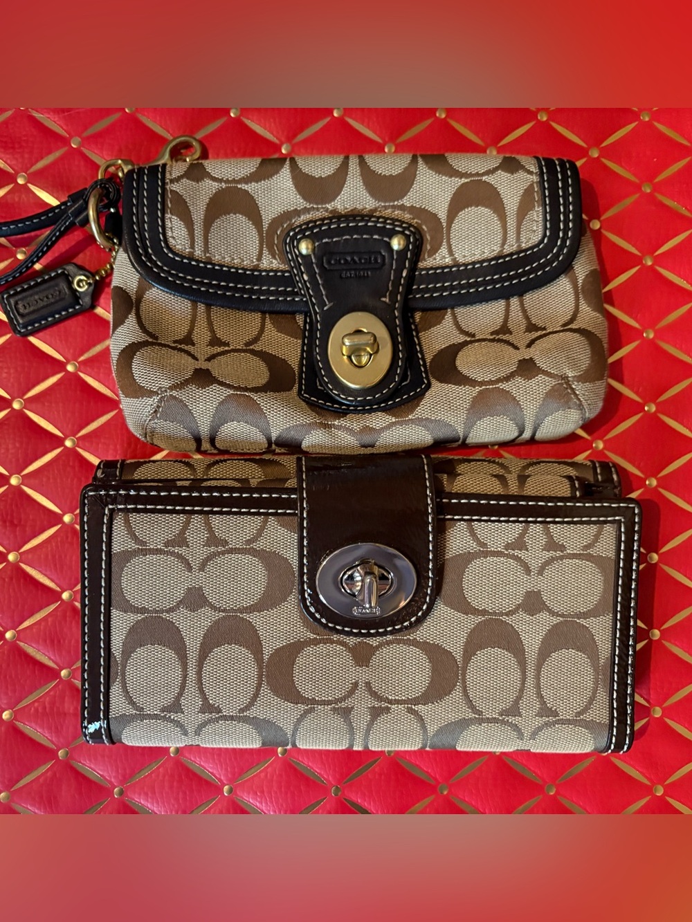 Coach Tan and Brown Signature Canvas Wristlet with Matching Wallet